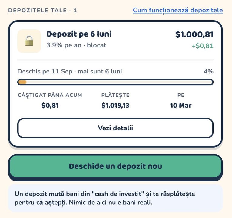 Ecranul de depozite: o sumă lăsată neatinsă, economii zilnice și un depozit pe 12 luni, comparate unul lângă altul