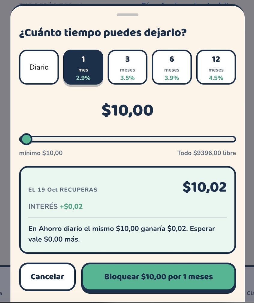 Elegir cuánto tiempo bloquear un depósito, con el interés y el pago exacto mostrados antes de confirmar