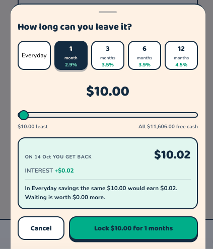 Choosing how long to lock a deposit, with the interest rate and exact payout shown before confirming