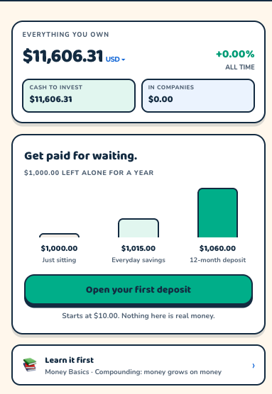 The deposits screen: leaving an amount untouched, everyday savings, and a 12-month deposit compared side by side