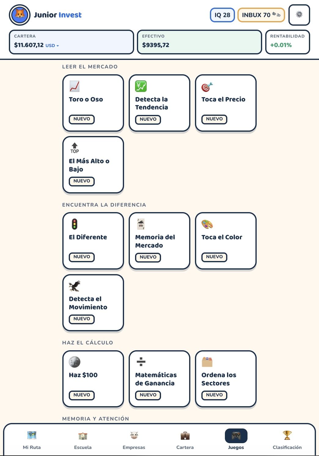 La pestaña Juegos: trece juegos de práctica en cuatro grupos