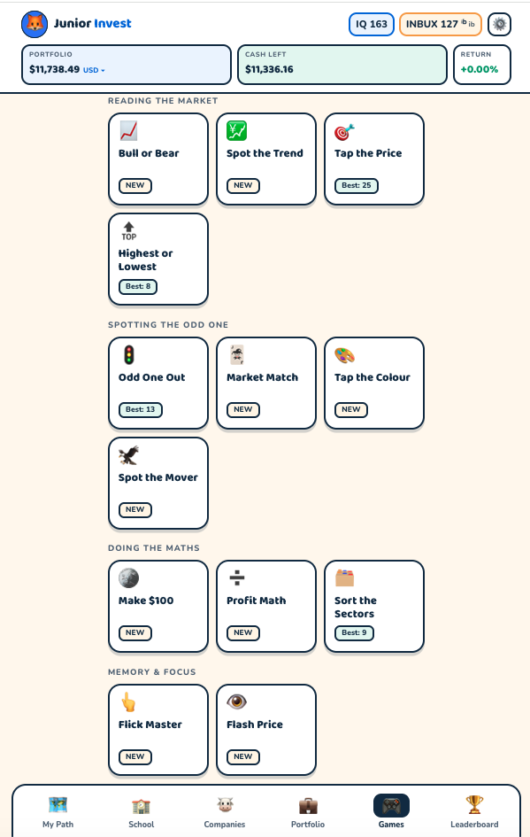 The Games tab: thirteen practice games in four groups