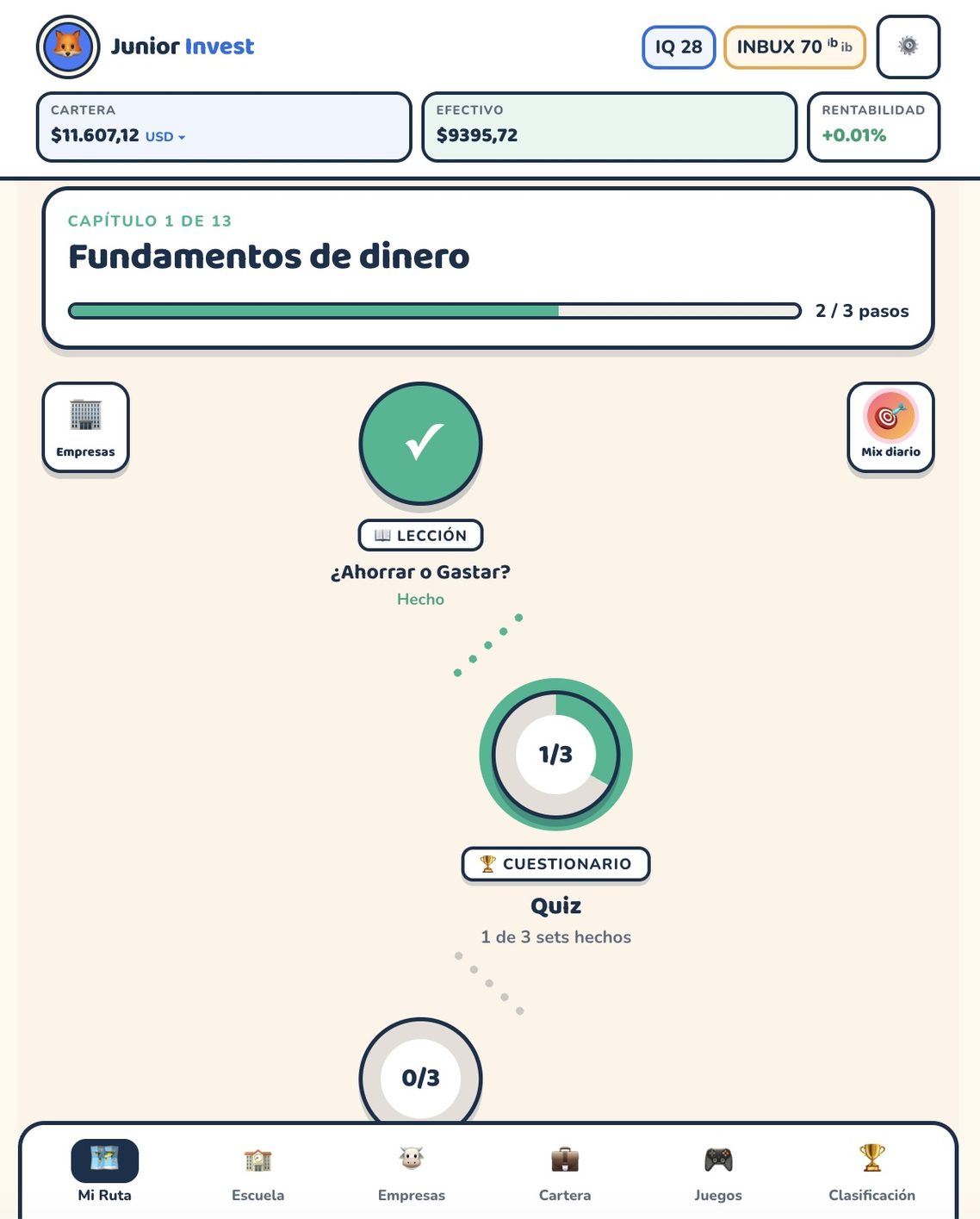 La ruta de aprendizaje: progreso del capítulo y pasos de las lecciones