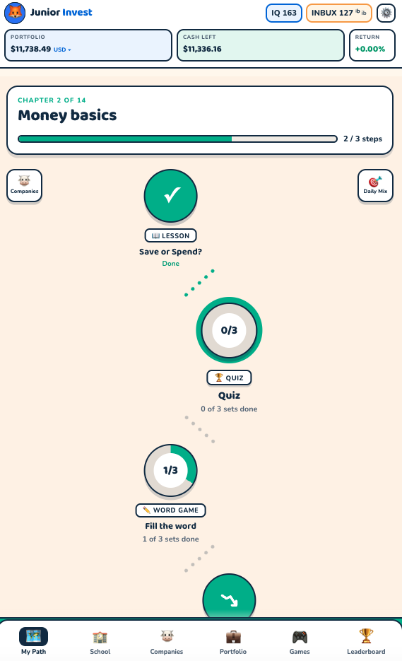 The learning path: chapter progress and lesson nodes