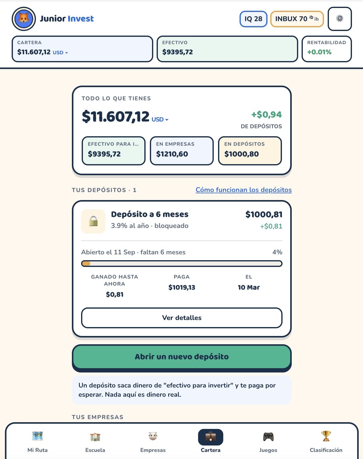 La cartera, con los Inbux ganados y el botón de cambio