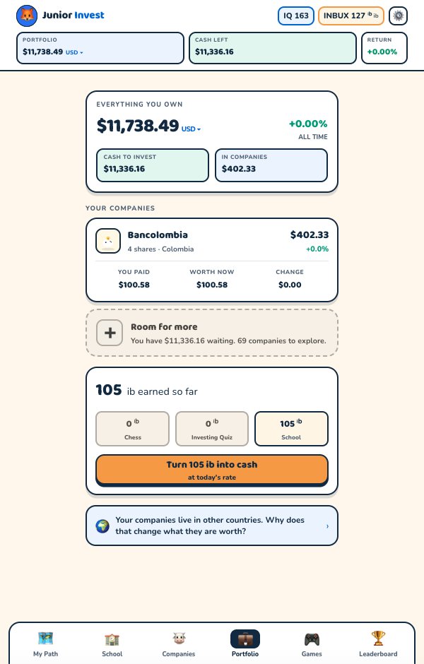 Portfolio with Inbux earned and the conversion button
