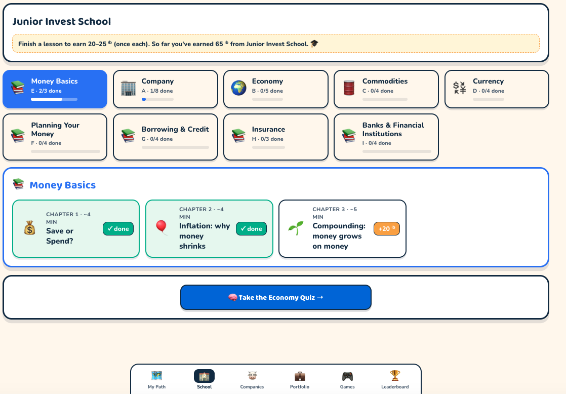 The School tab: nine subjects with progress, and the chapters inside Money Basics