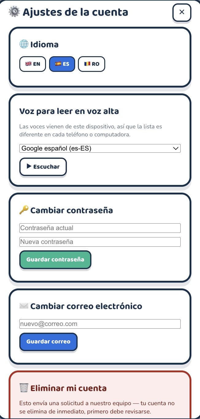 Ajustes de la cuenta: idioma, voz de lectura, contraseña, correo, eliminación de la cuenta
