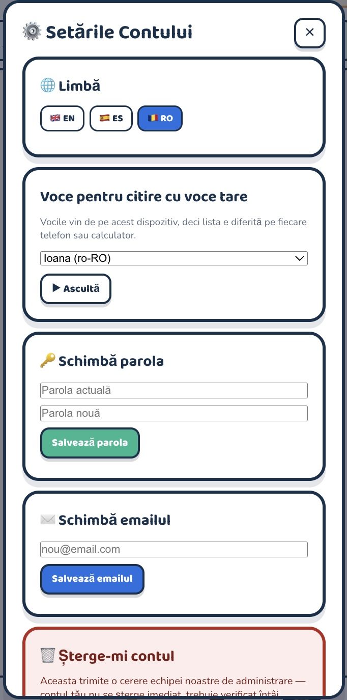 Setările contului: limba, vocea de citire, parola, emailul, ștergerea contului