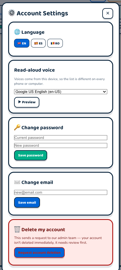 Account settings: language, read-aloud voice, password, email, account deletion